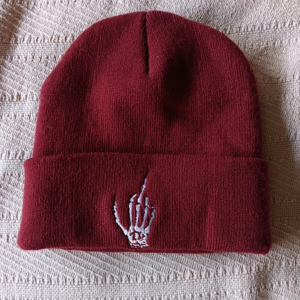 Creep Street Red Skeleton Hand Middle Finger Beanie